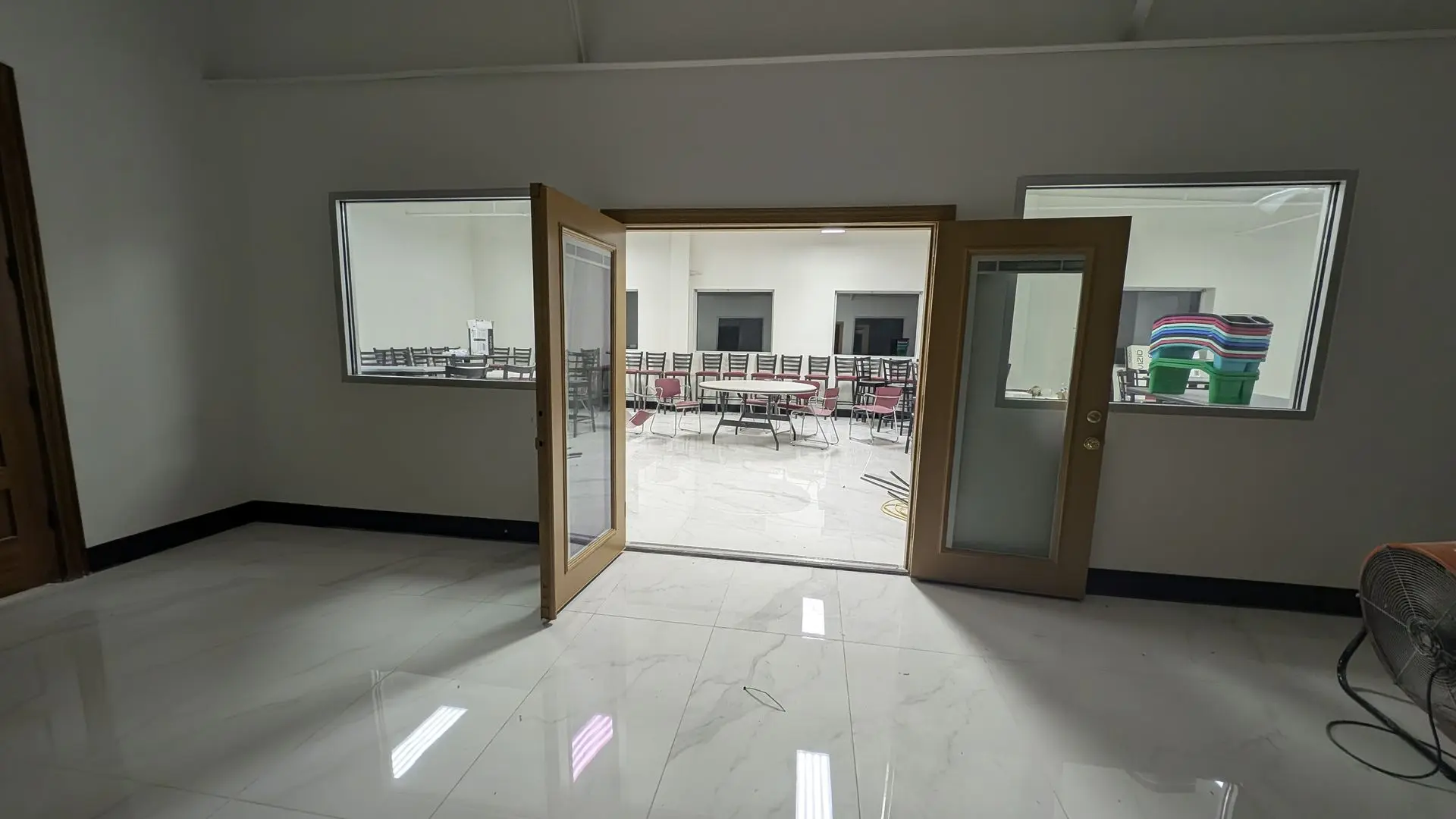 An exterior view of a dining room area.