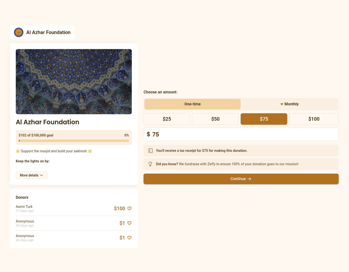 a video demonstration of a user scrolling down to select Other for the zeffy tip and typing in 0